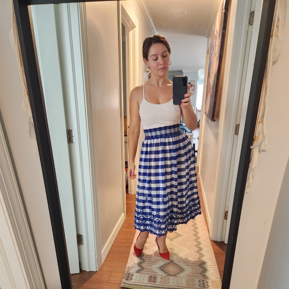 Zara Size M Navy White Checkered Embroidered Eyelet Midi A-Line Skirt